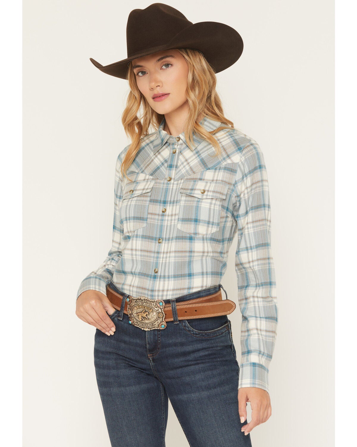 Shyanne Women's Plaid Print Long Sleeve Button-Down Flannel Shirt, Aqua, hi-res