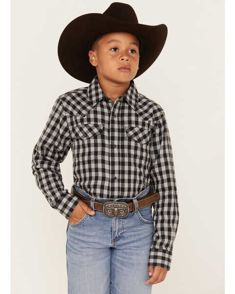 Image #1 - Cody James Boys' Gingham Print Long Sleeve Snap Western Flannel Shirt, Blue, hi-res