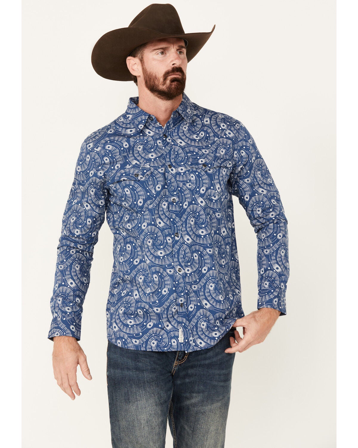 Moonshine Spirit&reg; Men's Record Player Floral Print Long Sleeve Snap Western Shirt, Navy, hi-res