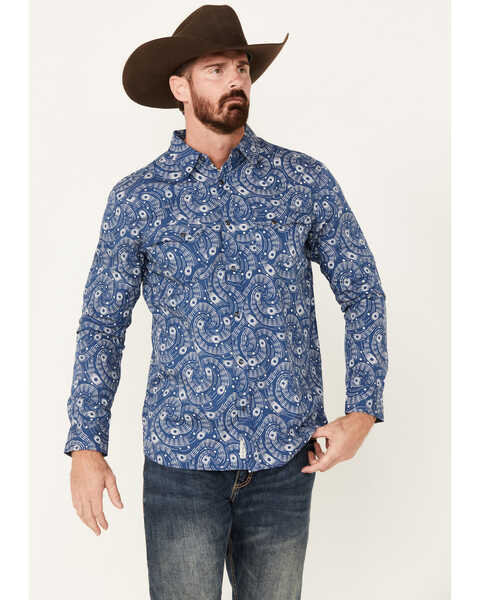 Image #1 - Moonshine Spirit Men's Record Player Floral Print Long Sleeve Snap Western Shirt, Navy, hi-res