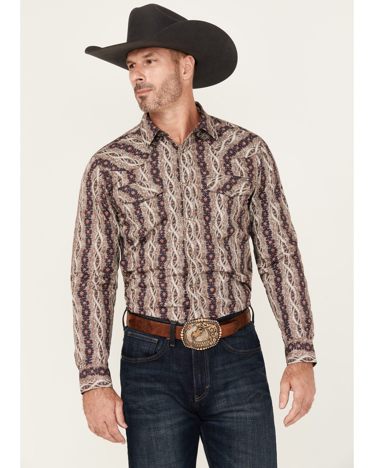 Gibson Trading Co Men's Floral Striped Print Long Sleeve Snap Stretch Western Shirt, Brown, hi-res