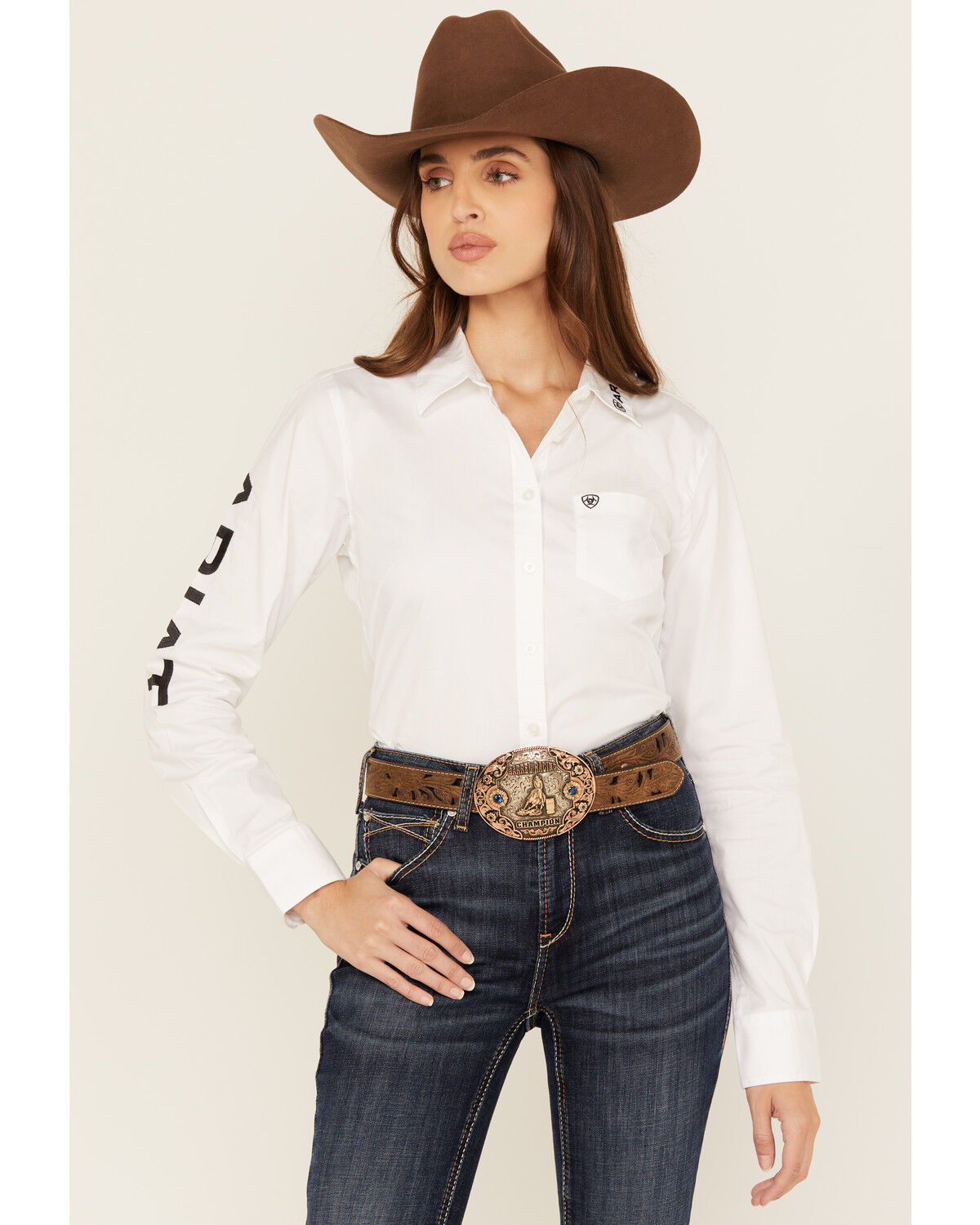 Image #1 - Ariat Women's Boot Barn Exclusive Team Kirby Long Sleeve Button-Down Stretch Western Shirt - Plus, White, hi-res