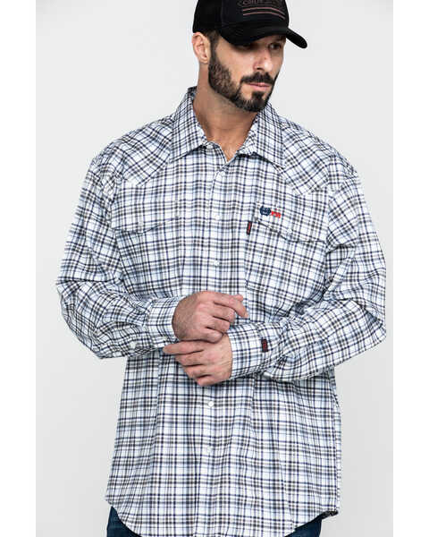 Cinch Men's FR Lightweight Check Print Long Sleeve Pearl Snap Work Shirt , White, hi-res