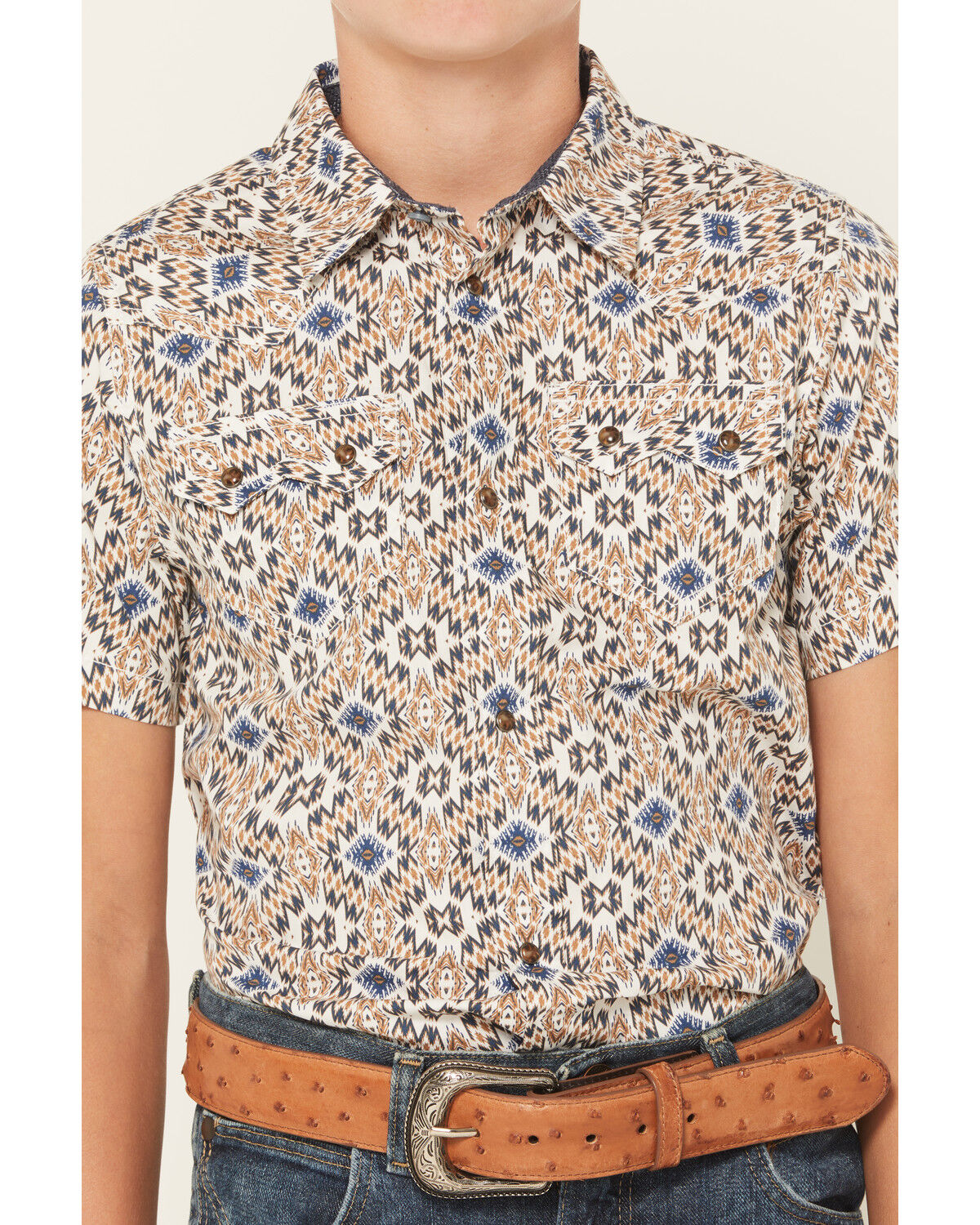 Image #3 - Cody James Boys' High Plains Southwestern Print Short Sleeve Snap Western Shirt, Tan, hi-res