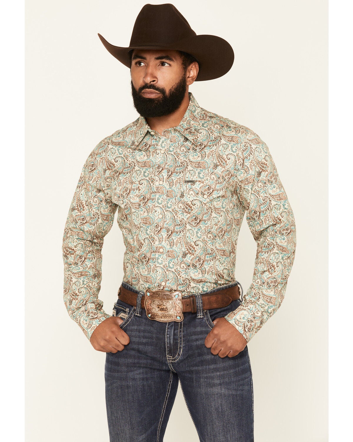 Rock & Roll Denim Men's Paisley Print Long Sleeve Snap Stretch Western Shirt, Teal, hi-res