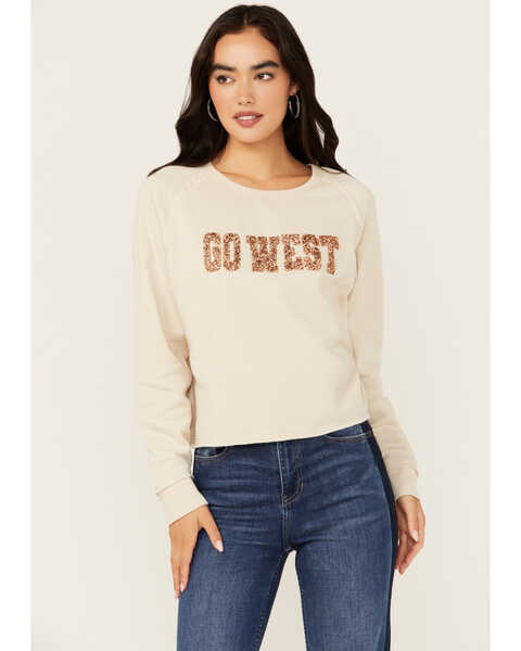 Image #1 - Blended Women's Go West Sequins Graphic Long Sleeve Tee, Tan, hi-res