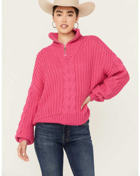 Image #1 - Revel Women's Quarter Zip Cable Knit Sweater, Fuchsia, hi-res