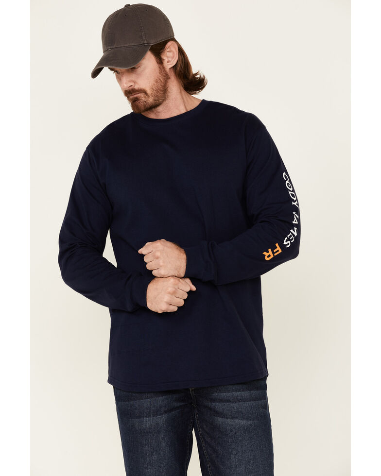 Cody James Men's Indigo FR Logo Long Sleeve Work T-Shirt , Indigo, hi-res