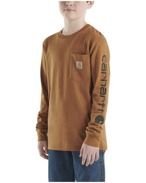 Image #3 - Carhartt Boys' Logo Long Sleeve Pocket T-Shirt, Medium Brown, hi-res