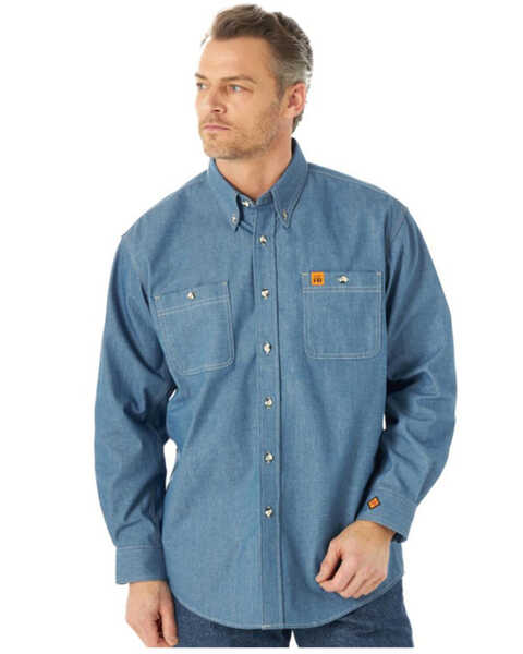  Wrangler FR Men's Chambray Long Sleeve Button-Down Work Shirt - Tall, Blue, hi-res