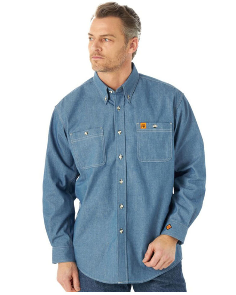  Wrangler FR Men's Chambray Long Sleeve Button-Down Work Shirt - Tall, Blue, hi-res