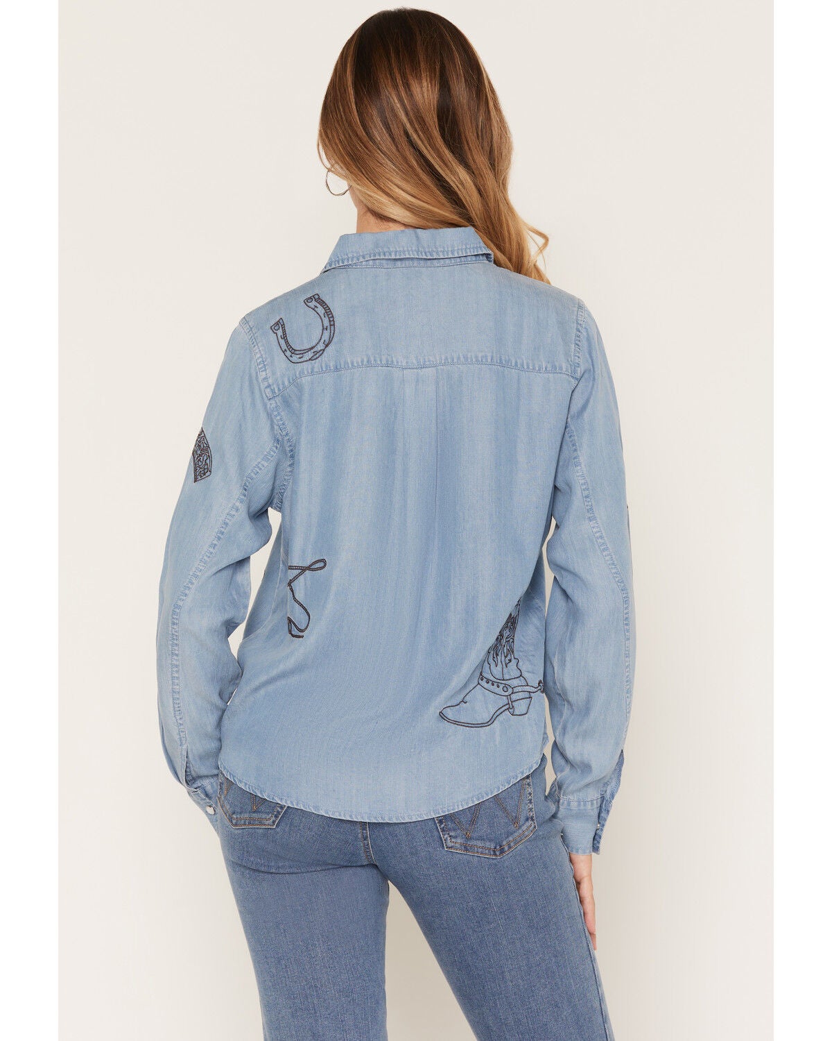 Image #4 - Blue B Women's Light Wash Western Embroidered Long Sleeve Pearl Snap Shirt, Light Wash, hi-res