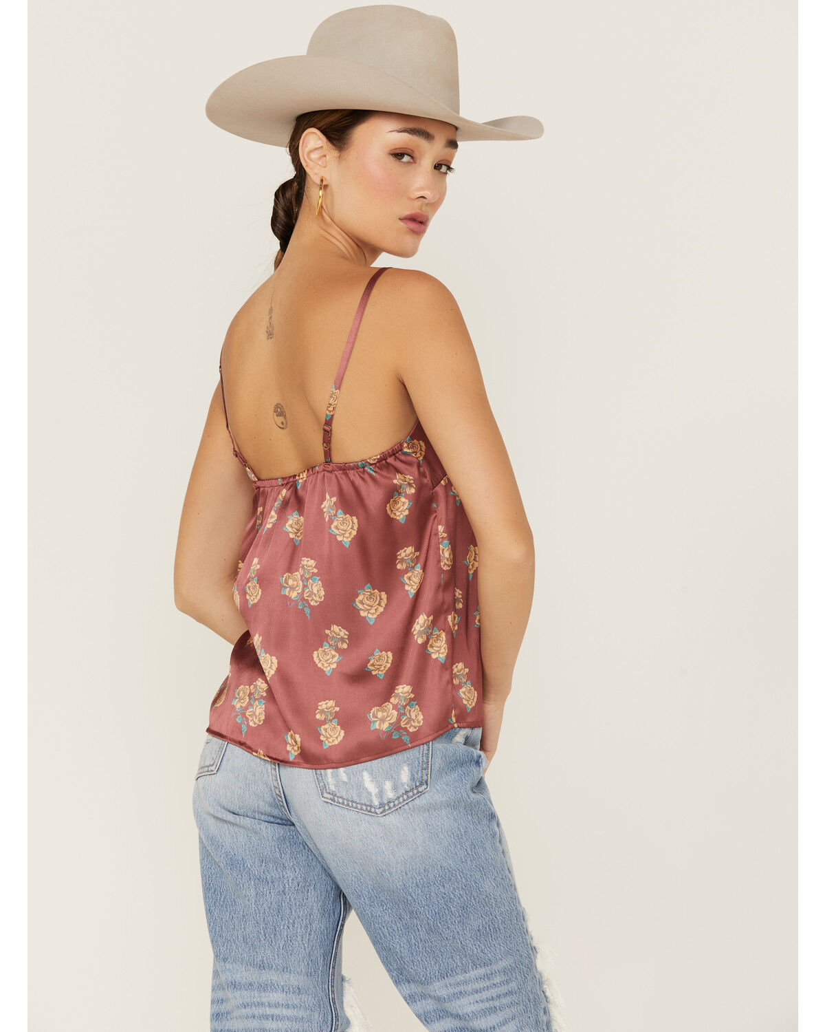 Image #3 - Panhandle Women's Floral Satin Button Front Cami, Rust Copper, hi-res