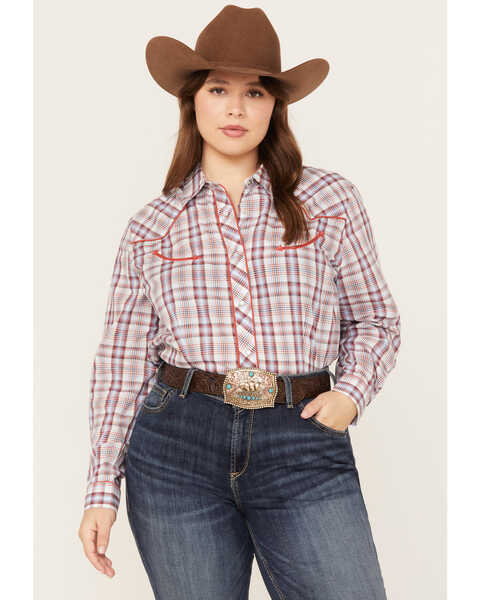 Image #1 - Roper Women's Plaid Print Long Sleeve Pearl Snap Western Shirt - Plus, Multi, hi-res