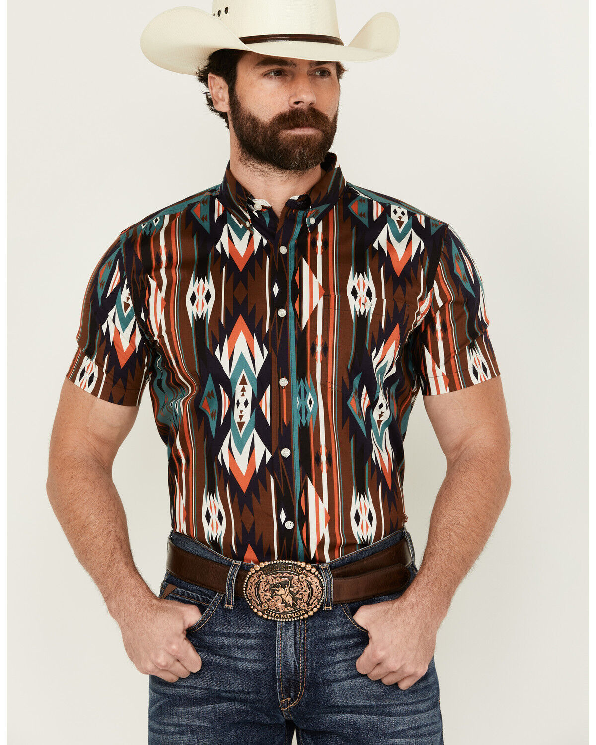 Image #1 - RANK 45® Men's Calvaztec Southwestern Print Short Sleeve Button-Down Stretch Western Shirt, Rust Copper, hi-res