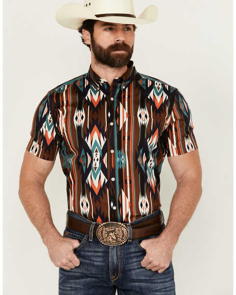 Image #1 - RANK 45® Men's Calvaztec Southwestern Print Short Sleeve Button-Down Stretch Western Shirt , Rust Copper, hi-res