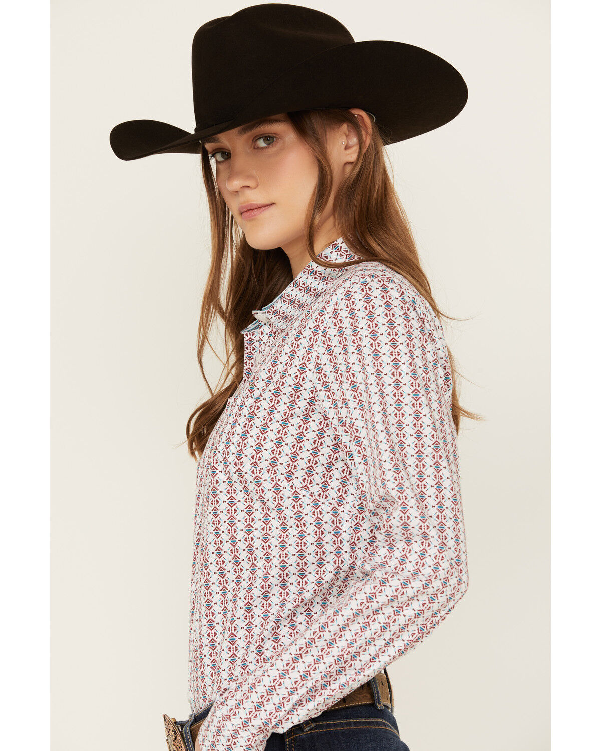 Image #2 - Ariat Women's Geo Print Long Sleeve Button-Down Western Shirt, White, hi-res