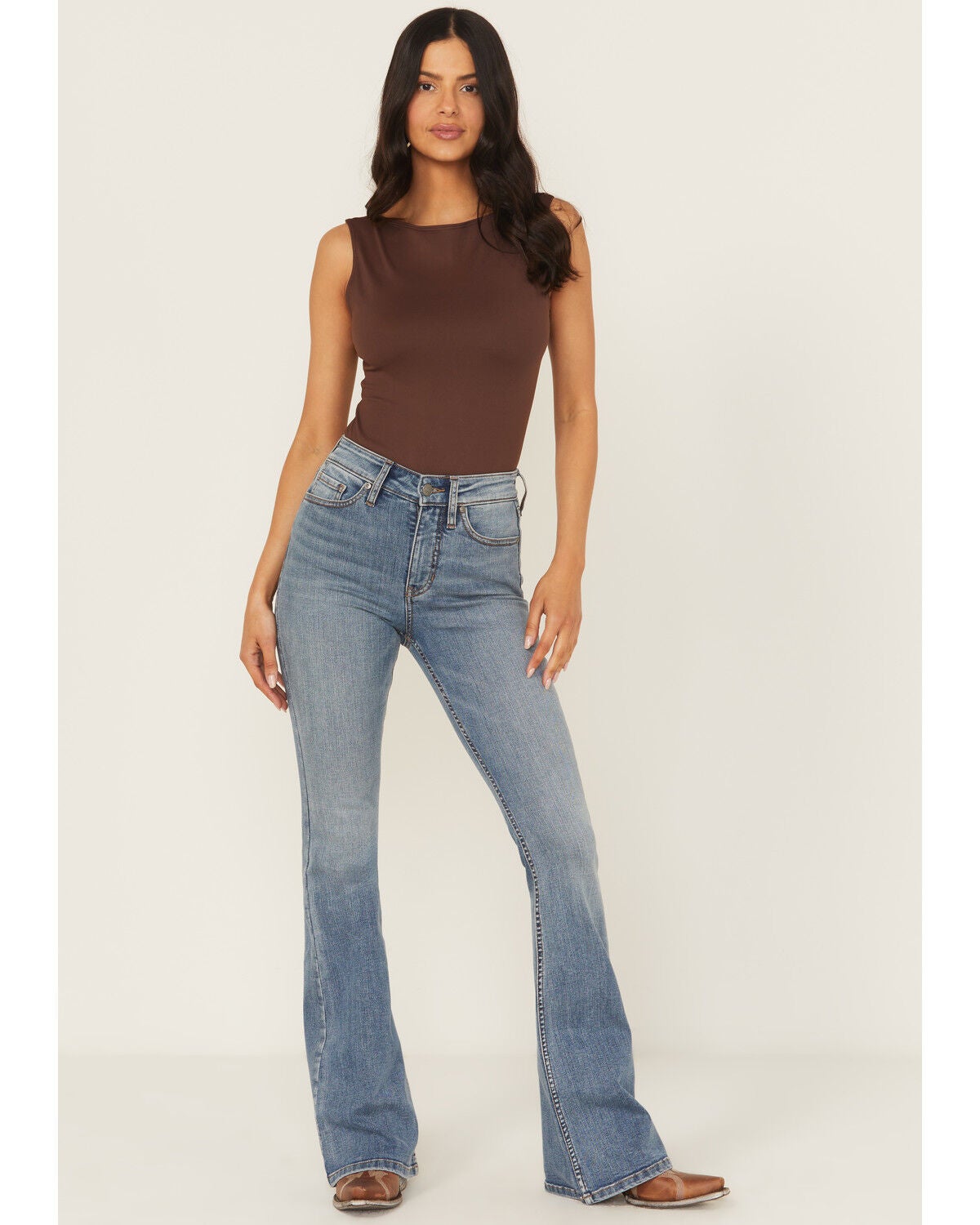 Shyanne Women's Luna High Rise Flare Super Stretch Denim Jeans, Medium Wash, hi-res