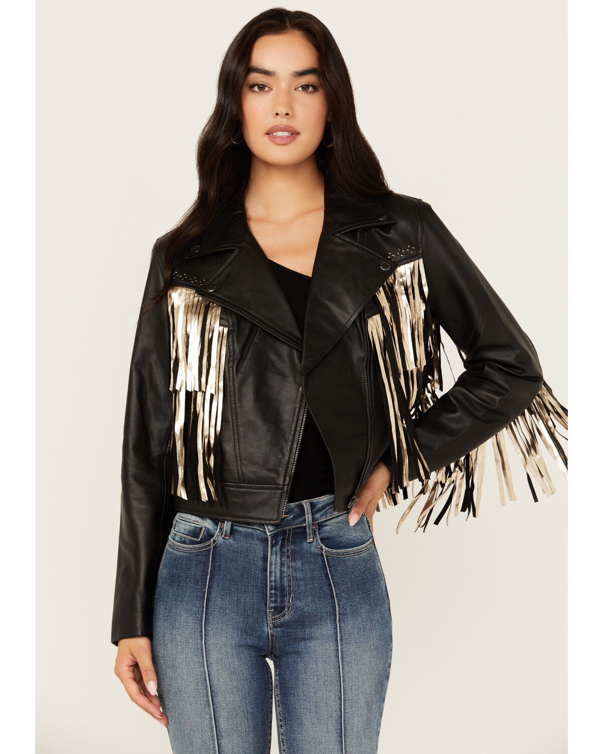 Image #1 - Idyllwind Women's Sparks Studded Thunderbird Fringe Leather Jacket, Black, hi-res