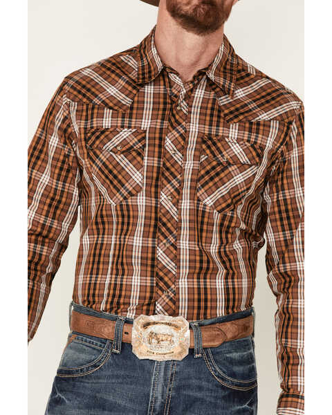 Image #3 - Wrangler Men's Plaid Print Long Sleeve Snap Western Shirt, Brown, hi-res