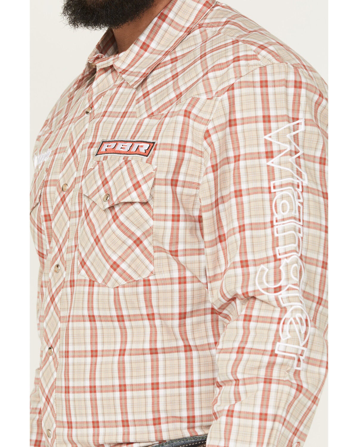 Image #3 - Wrangler Men's PBR Plaid Print Long Sleeve Snap Western Shirt, Tan, hi-res