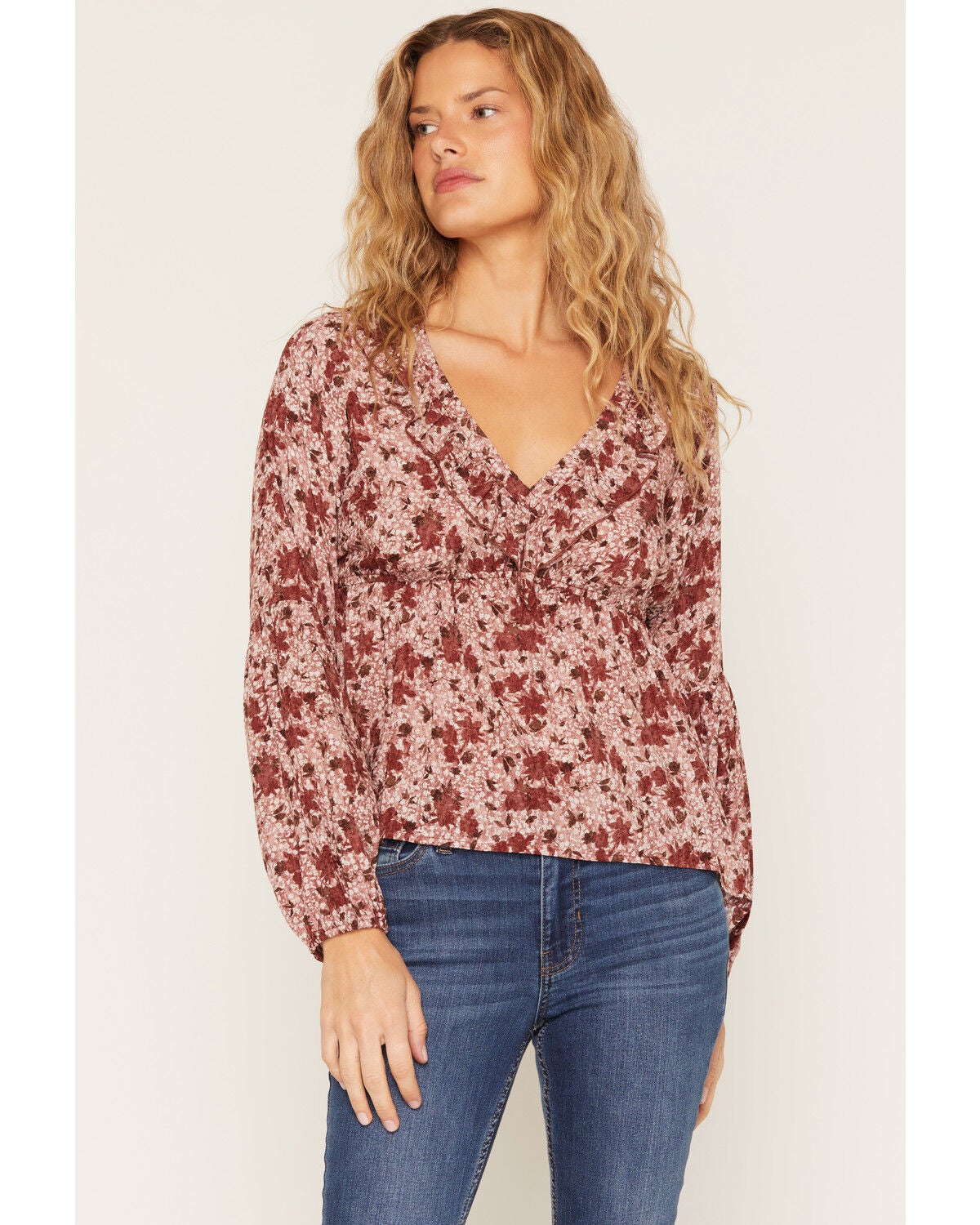 Wild Moss Women's Floral Print Ruffle Long Sleeve Top, Burgundy, hi-res