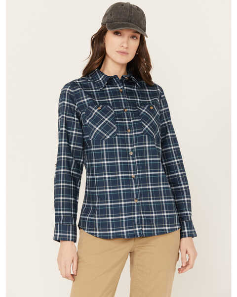 Image #1 - Wrangler Riggs Workwear Women's Plaid Print Long Sleeve Button Down Shirt, Navy, hi-res