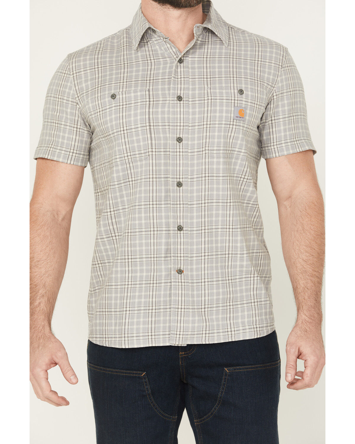Image #3 - Carhartt Men's Rugged Flex® Relaxed Fit Lightweight Short Sleeve Plaid Print Button-Down Stretch Work Shirt, Grey, hi-res