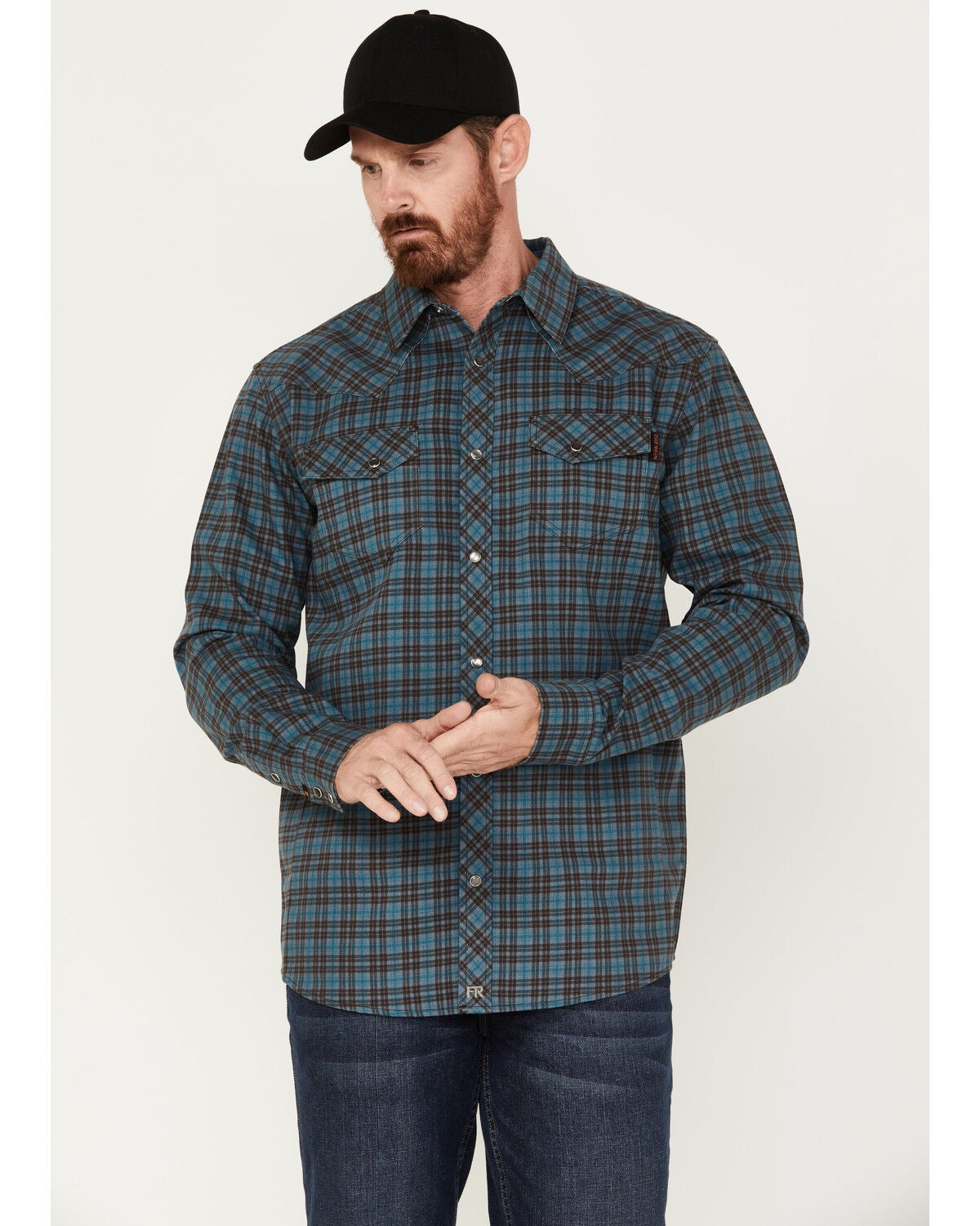Cody James Men's FR Check Plaid Print Long Sleeve Pearl Snap Work Shirt, Teal, hi-res
