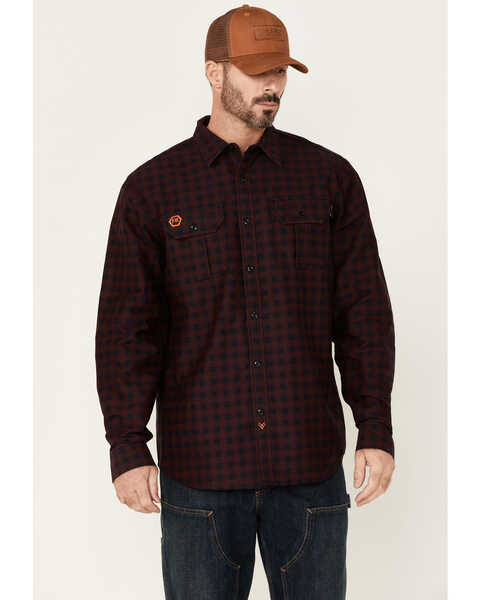 Image #1 - Hawx Men's FR Check Plaid Print Long Sleeve Button Down Work Shirt - Tall , Wine, hi-res