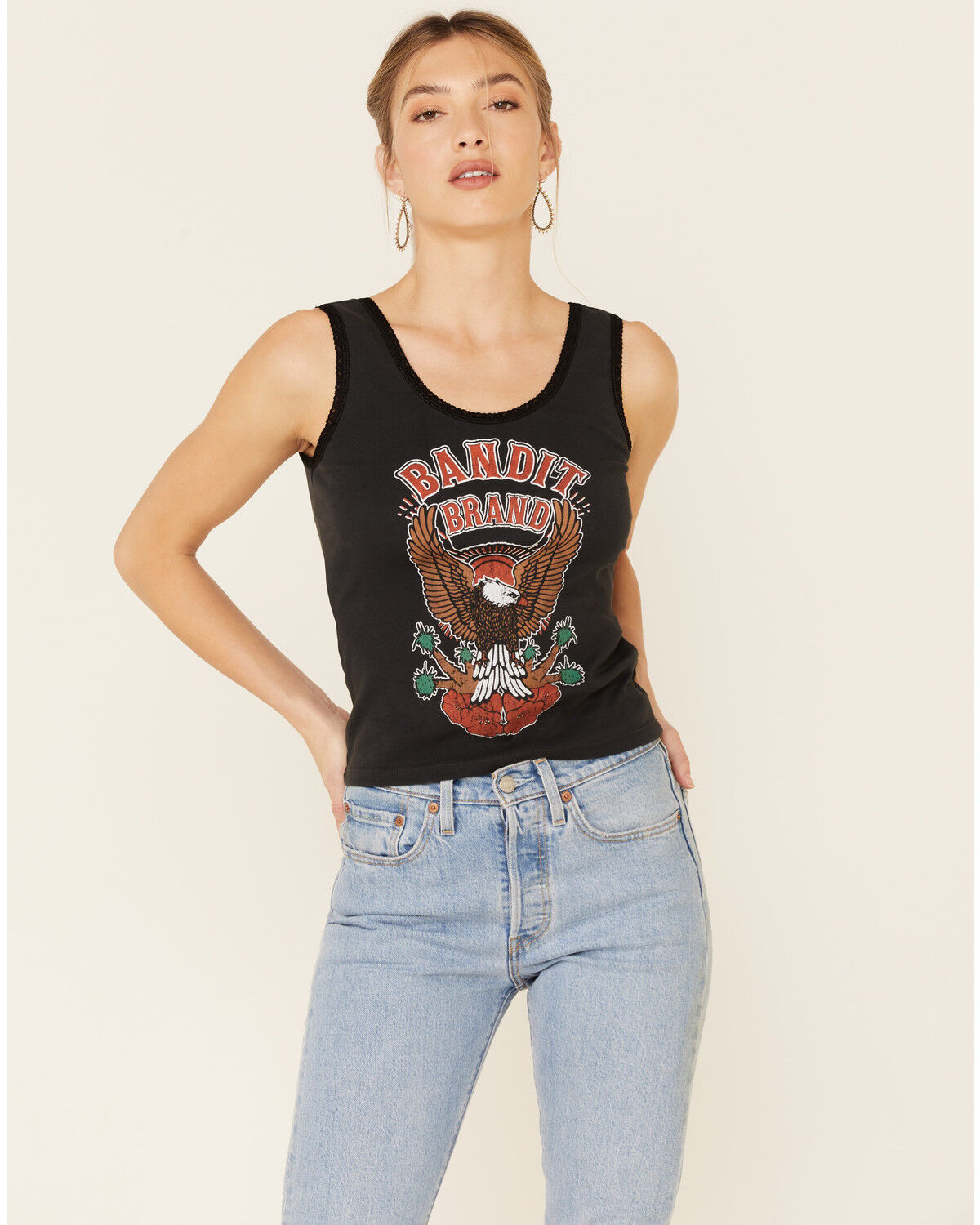 Image #1 - Bandit Brand Women's Bandit Brand Eagle Graphic Lace Trim Tank Top, Black, hi-res