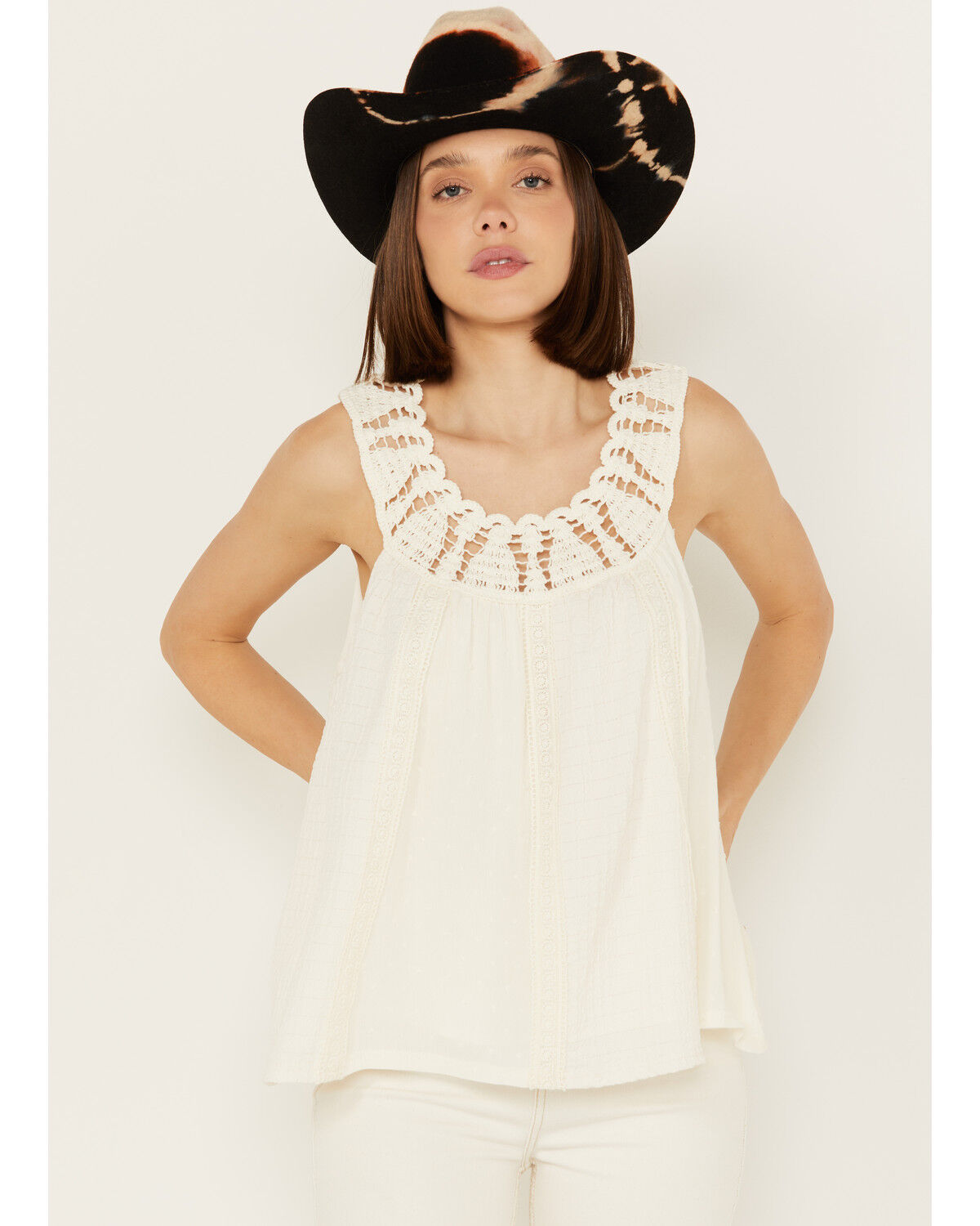 Image #1 - Miss Me Women's Crochet Neck Sleeveless Peasant Top, Natural, hi-res