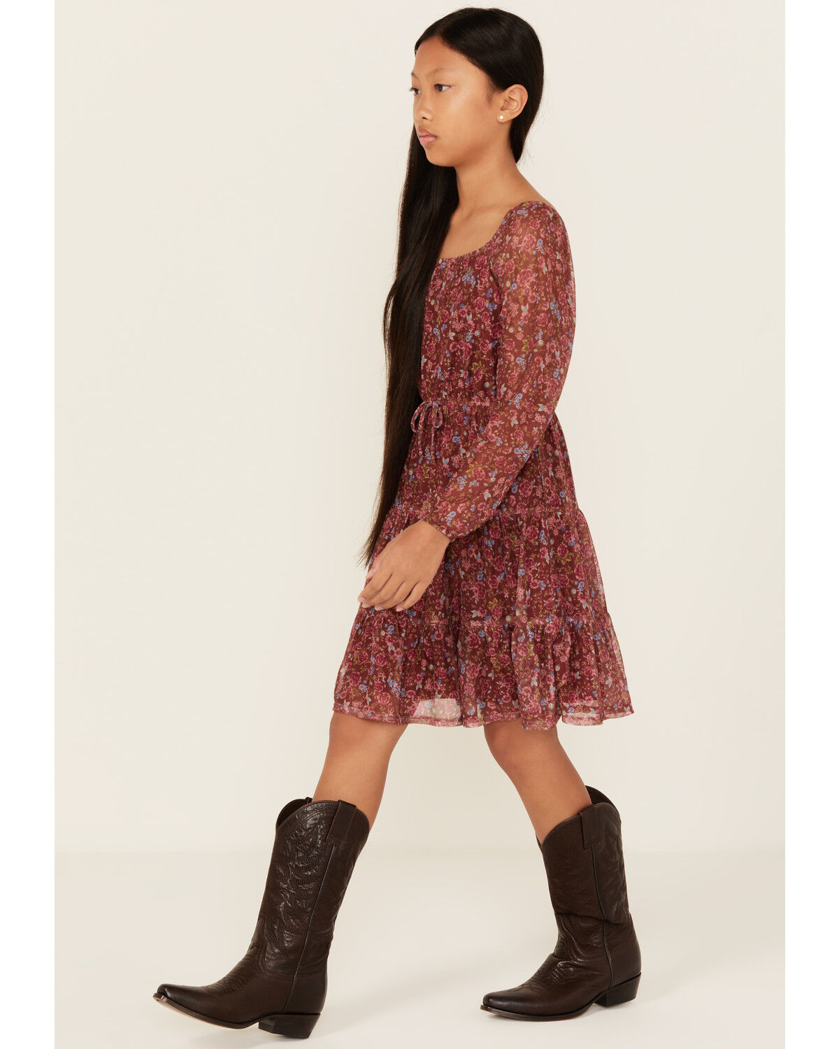 Image #2 - Shyanne Girls' Floral Print Mesh Long Sleeve Mini Dress, Brown, hi-res