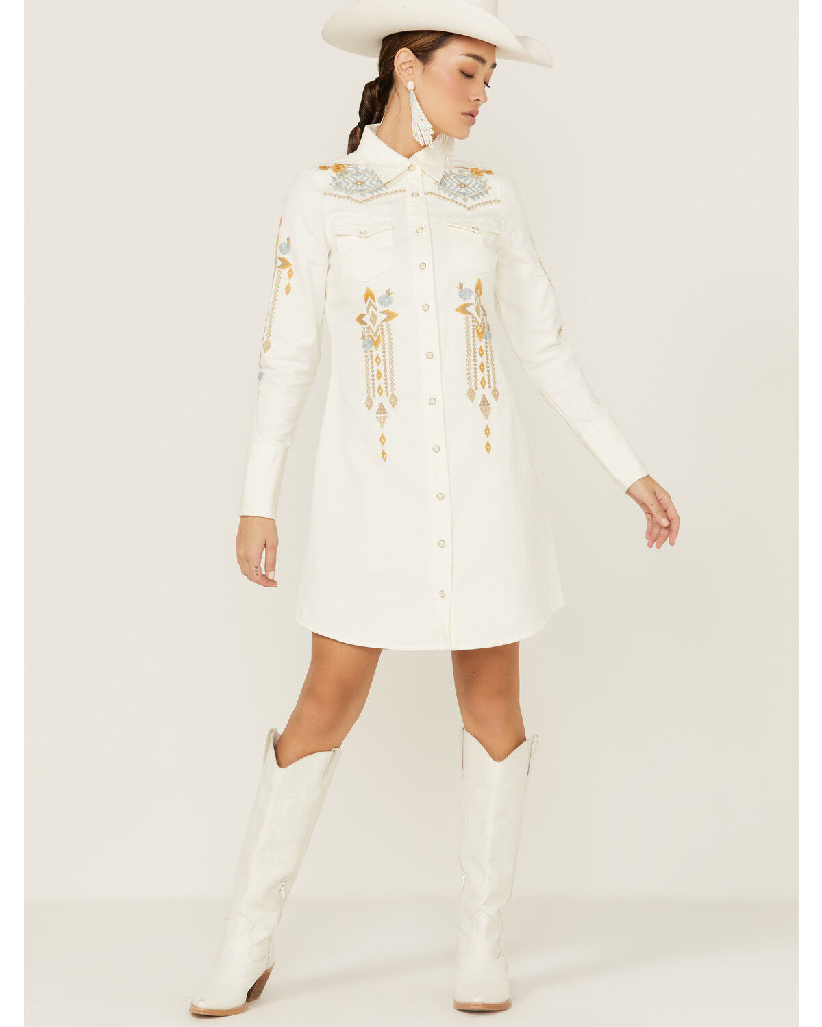Image #2 - Stetson Women's Embroidered Southwestern Long Sleeve Western Snap Dress, , hi-res