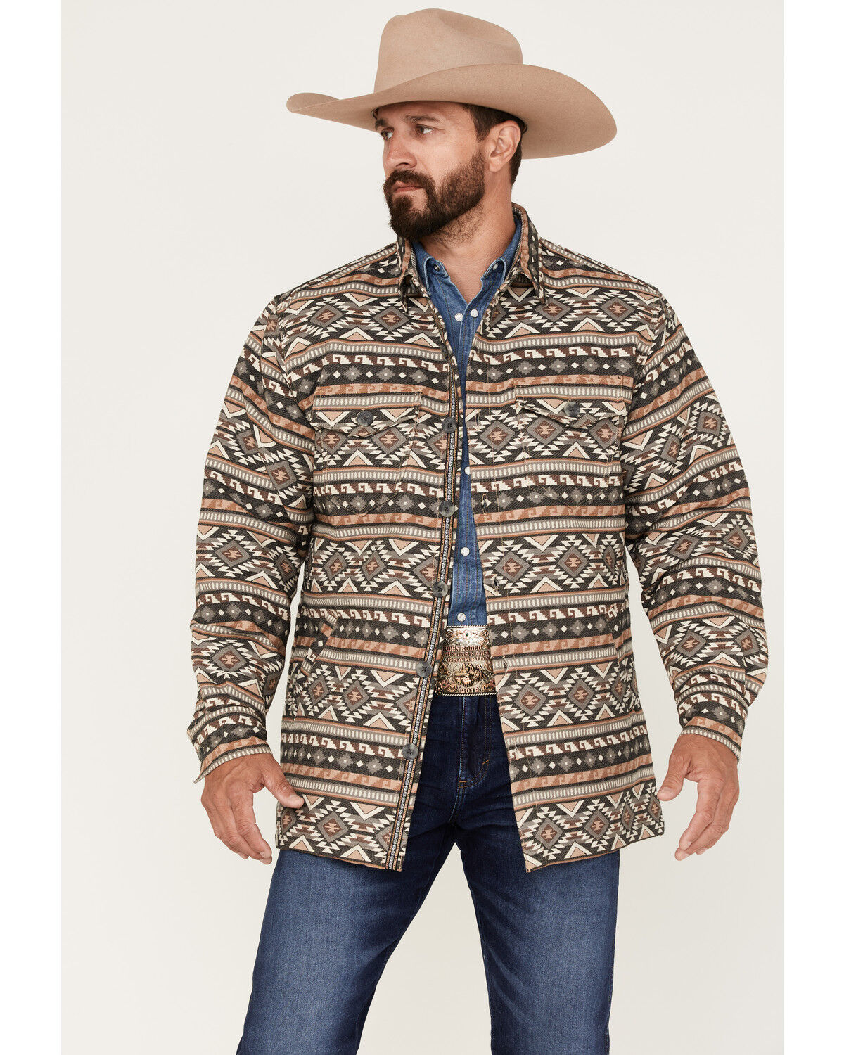 Image #1 - Scully Men's Southwestern Stripe Print Jacquard Shacket, Tan, hi-res