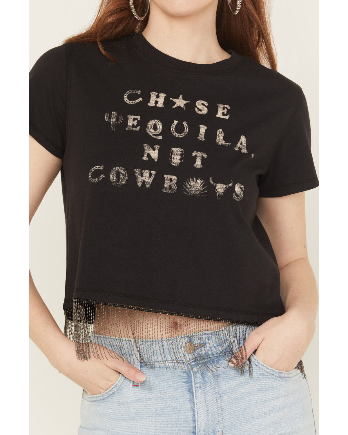 Image #4 - Idyllwind Women's Chase Tequila Ball Chain Fringe Short Sleeve Cropped Graphic Tee, Black, hi-res