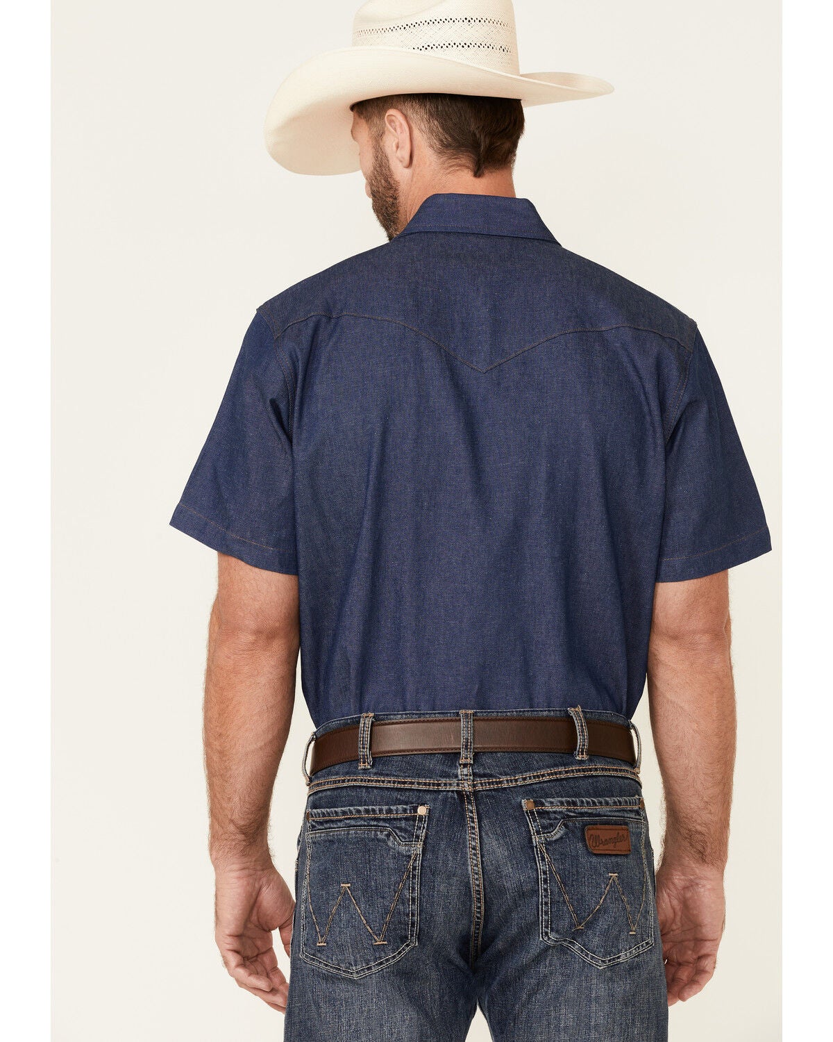 Image #4 - Wrangler Men's Cowboy Cut&reg; Firm Finish Denim Short Sleeve Snap Western Work Shirt, Navy, hi-res