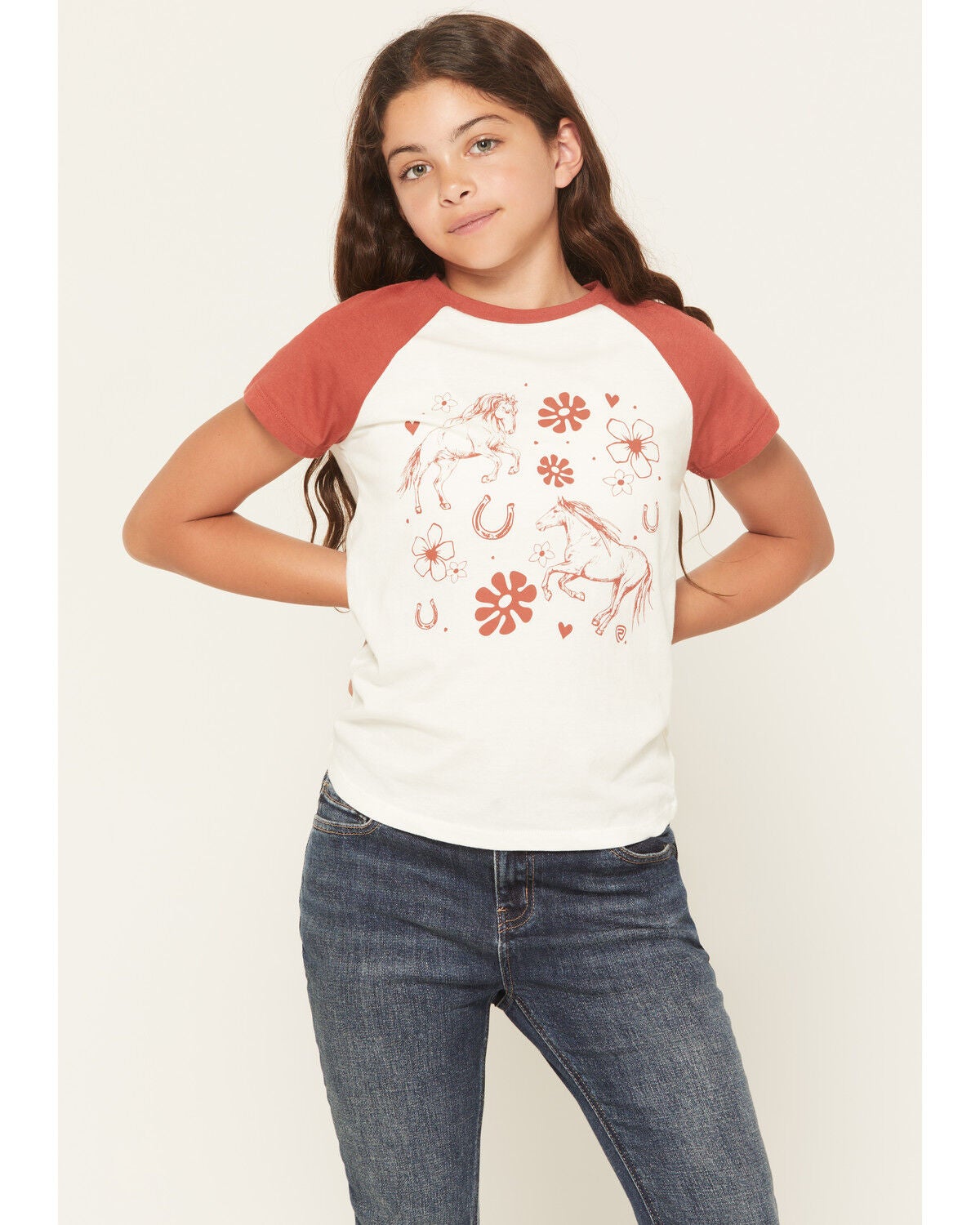 Image #1 - Rock & Roll Denim Girls' Conversational Print Short Sleeve Raglan Tee, Natural, hi-res