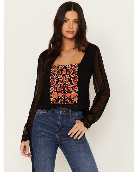 Image #1 - Idyllwind Women's Coreopsis Embroidered Chiffon Top, Black, hi-res