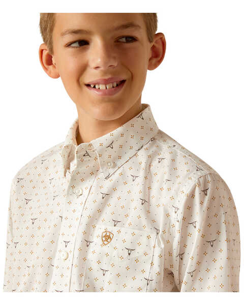 Image #2 - Ariat Boys' Steer Print Long Sleeve Button-Down Western Shirt , White, hi-res