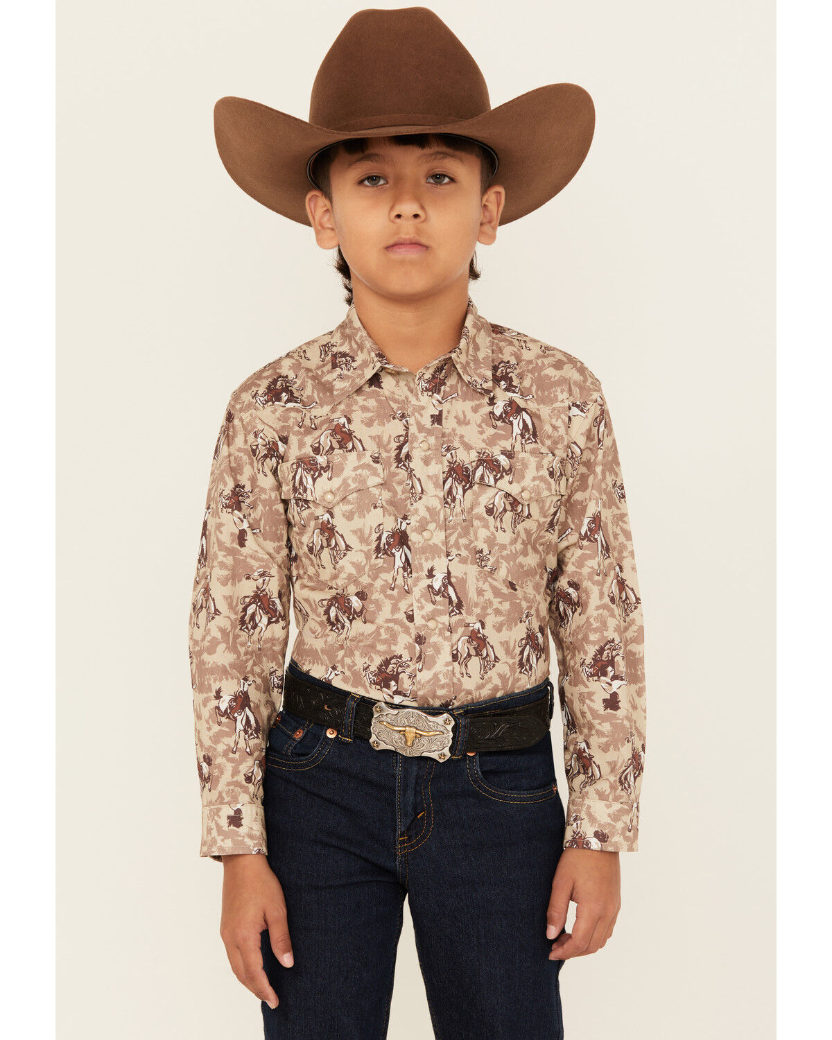Image #1 - Roper Boys' Bucking Horse Print Long Sleeve Snap Western Shirt, Brown, hi-res