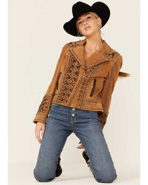 Double D Ranch Women's Tramp Art Zip-Front Leather Suede Jacket , Tan, hi-res