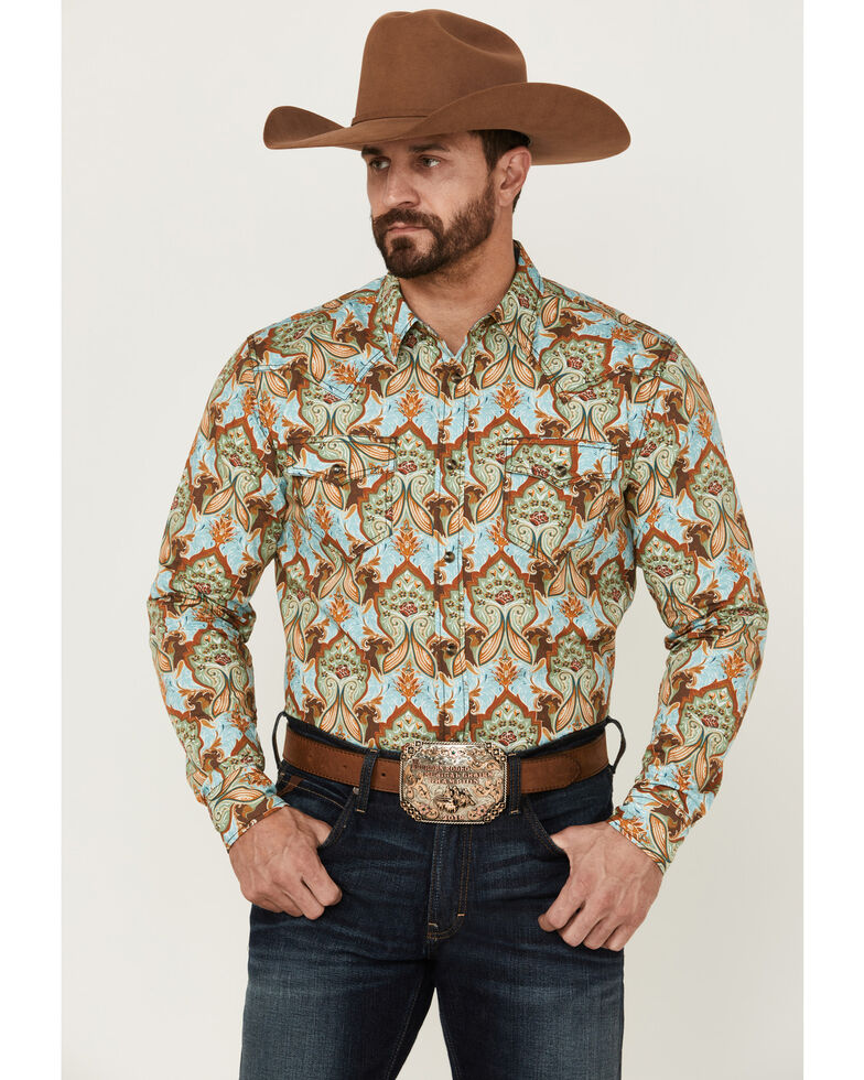 Cody James Men's Rushmore Print Long Sleeve Snap Western Shirt  , Turquoise, hi-res