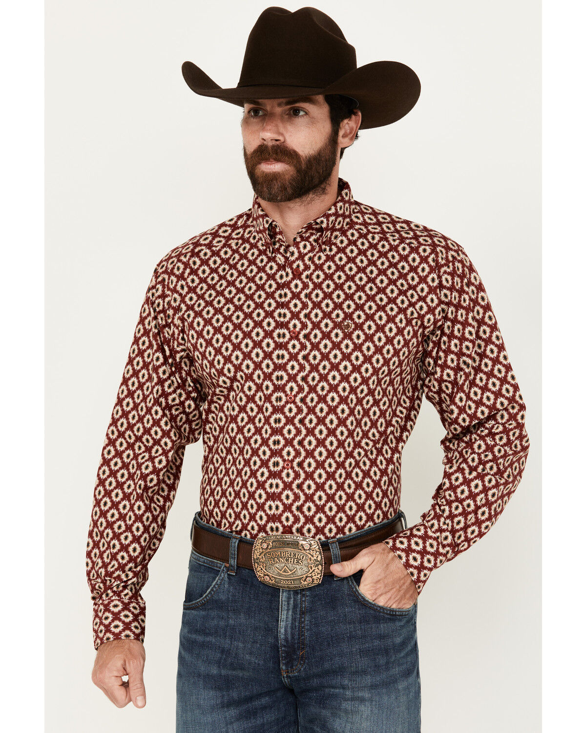 Image #1 - Ariat Men's Nevil Southwestern Print Long Sleeve Button-Down Shirt, Wine, hi-res