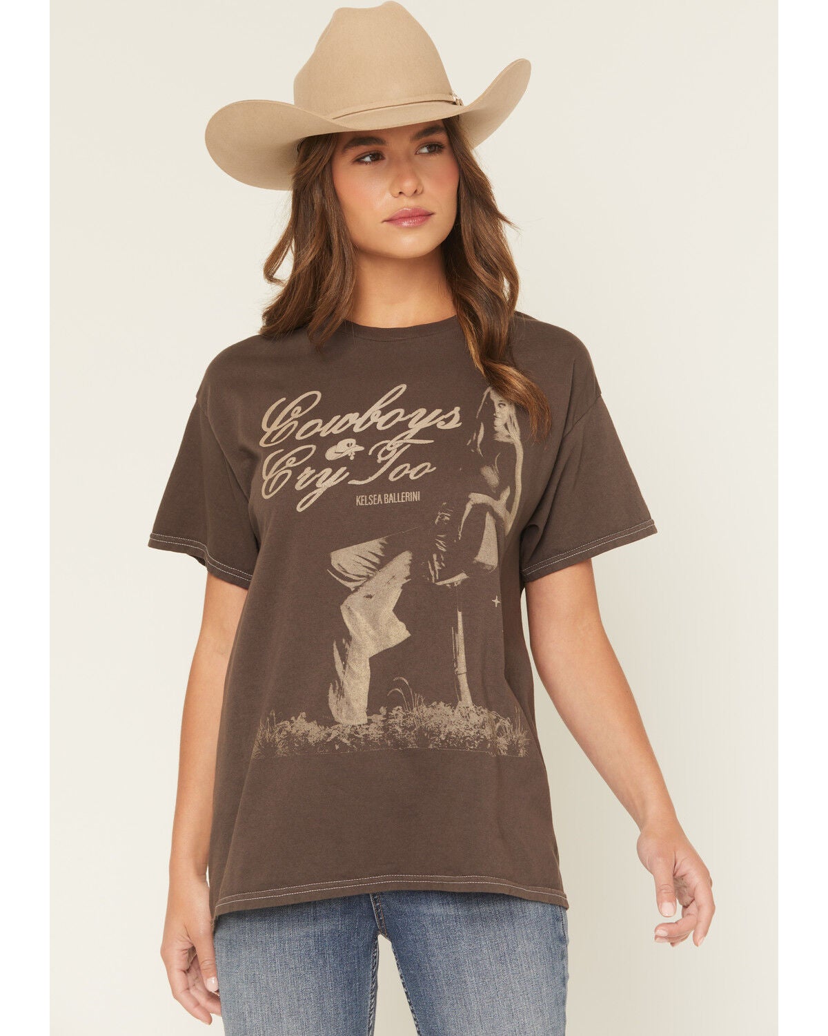 Merch Traffic Women's Kelsea Ballerini Cowboys Cry Too Short Sleeve Graphic Tee, Brown, hi-res