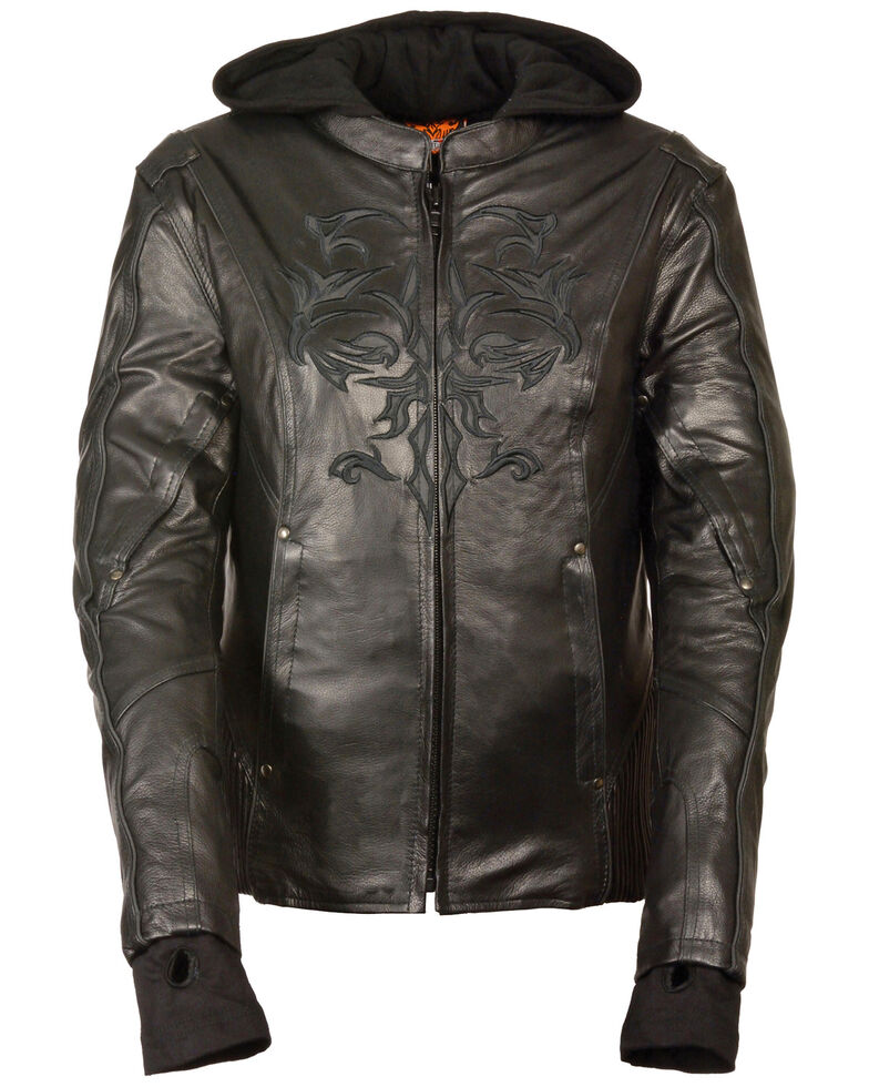 Milwaukee Leather Women's 3/4 Leather Jacket With Reflective Tribal Detail - 5X, Black, hi-res