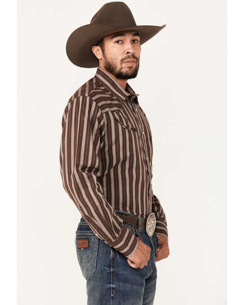 Roper Men's Striped Print Long Sleeve Pearl Snap Western Shirt, Brown, hi-res