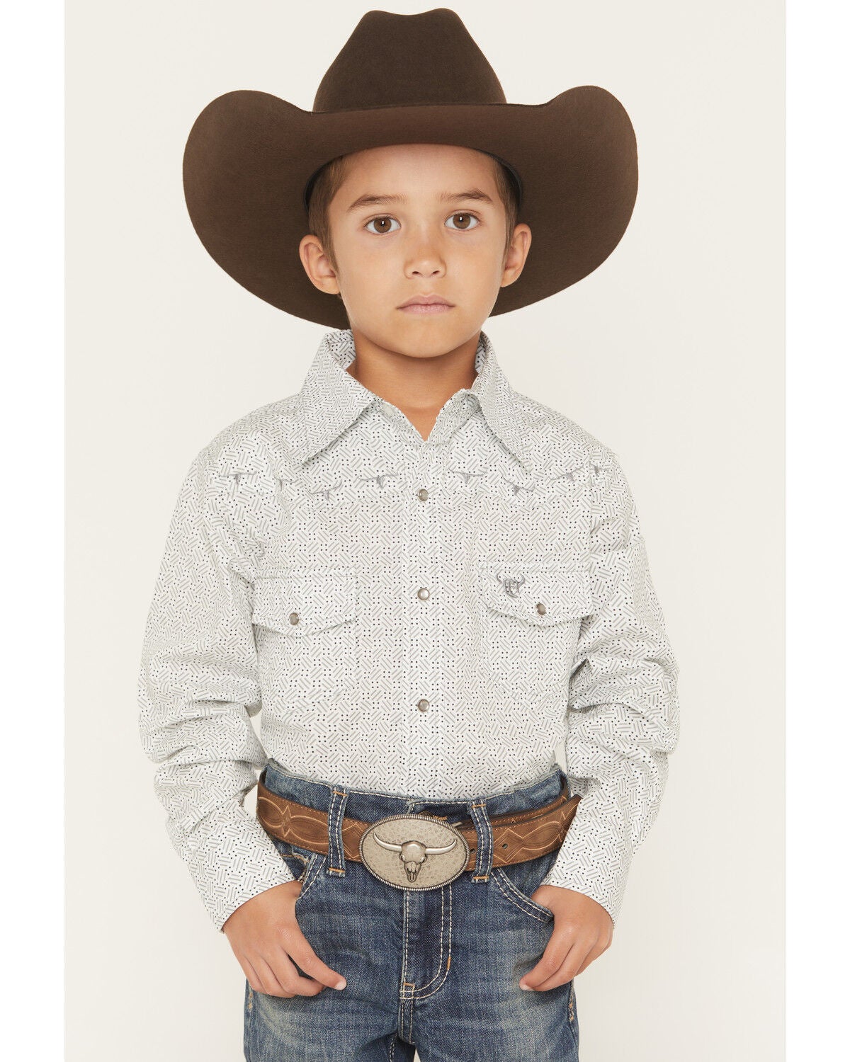 Image #1 - Cowboy Hardware Boys' Geo Print Long Sleeve Pearl Snap Stretch Western Shirt, White, hi-res