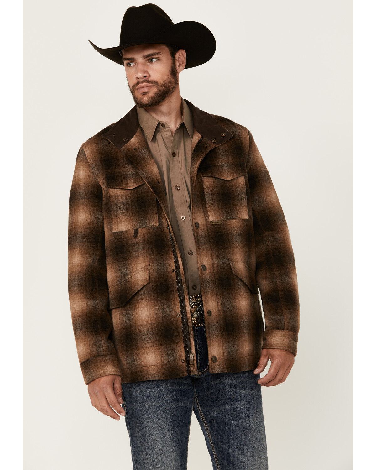 Image #1 - Powder River Outfitters Men's Plaid Print Heavy Brushed Wool Snap Jacket, Brown, hi-res