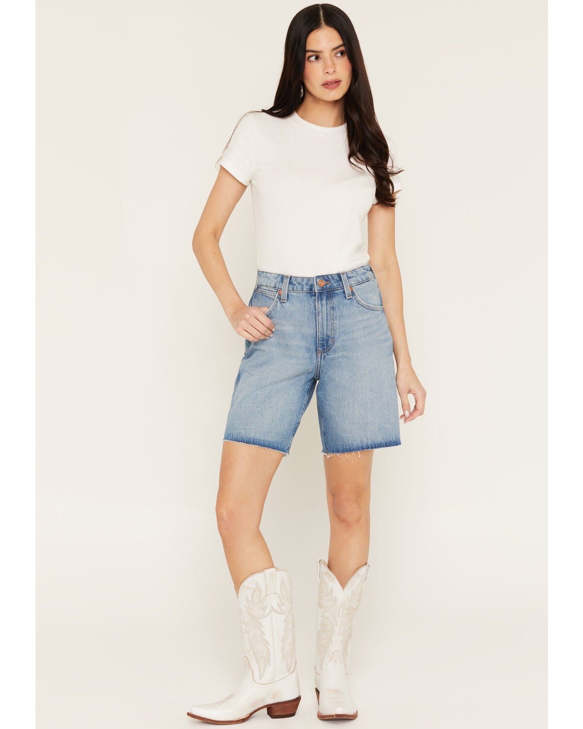 Image #1 - Wrangler Women's Riyah Medium Wash High Rise Cowboy Stretch Denim Shorts, Medium Wash, hi-res